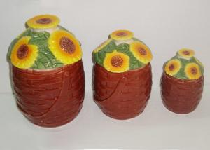 China Dolomite Ceramic Kitchen Canisters Hand Painted Basket Sunflower Covered Canister 3 Set wholesale