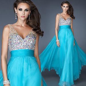 China A-Line Beading Dress Long Evening Dress, Ice Blue Party Dresses, Champagne Dresses wholesale