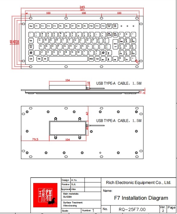 SUS304 Stainless Steel Panel Mount Keyboard Industrial Keyboard IP65 waterproof KIOSK