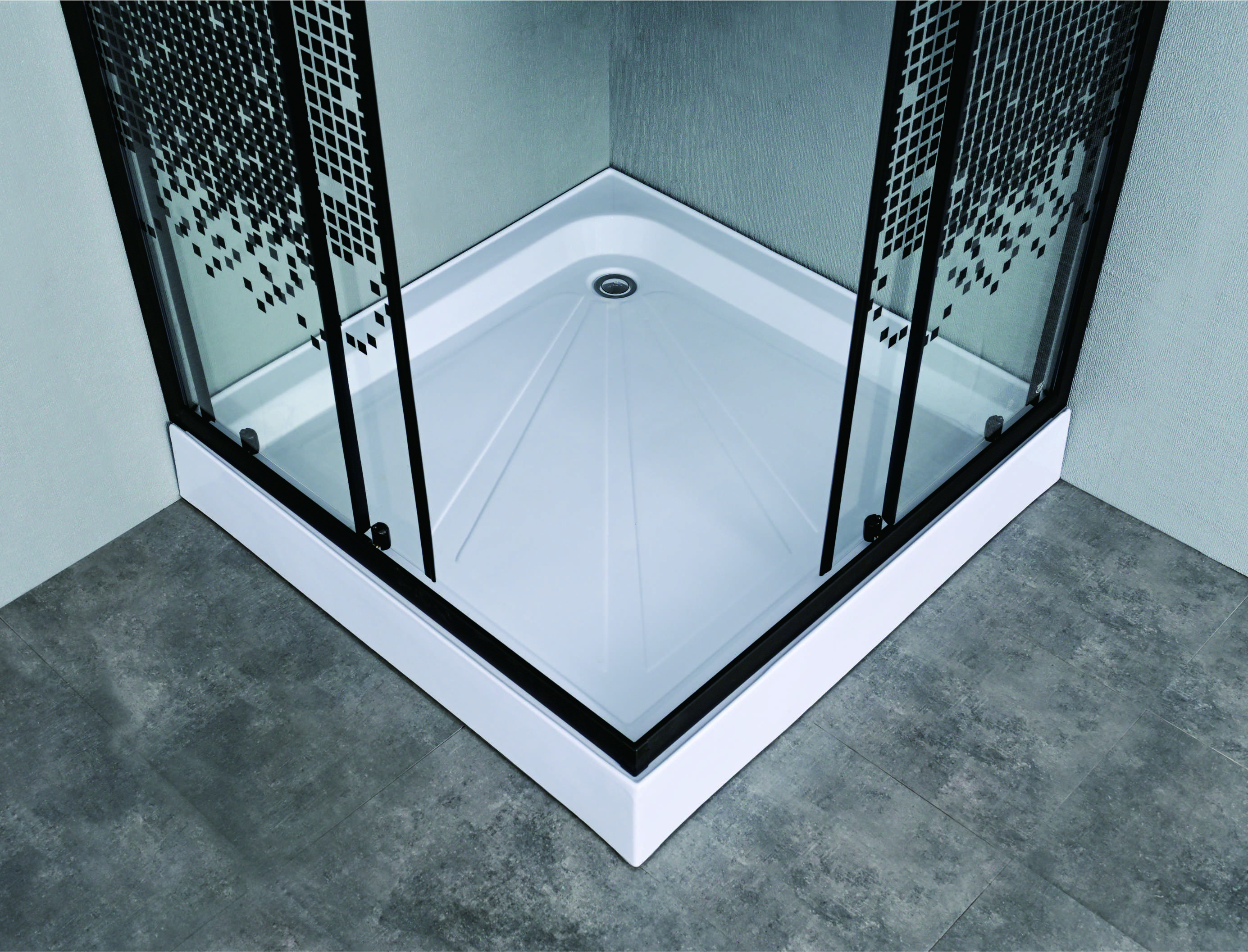 Stylish Square Shower Enclosures With Black mosaic patterned Glass For Modern