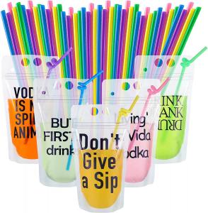 China Party Beverage Drink Pouch With Straws Novelty Funny Translucent Zipper Plastic Pouches Drink Bags wholesale