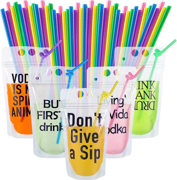Party Beverage Drink Pouch With Straws Novelty Funny Translucent Zipper Plastic