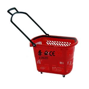 China Retail Grocery Plastic Shopping Basket With Wheels Red 35L 45L 50L 60L wholesale