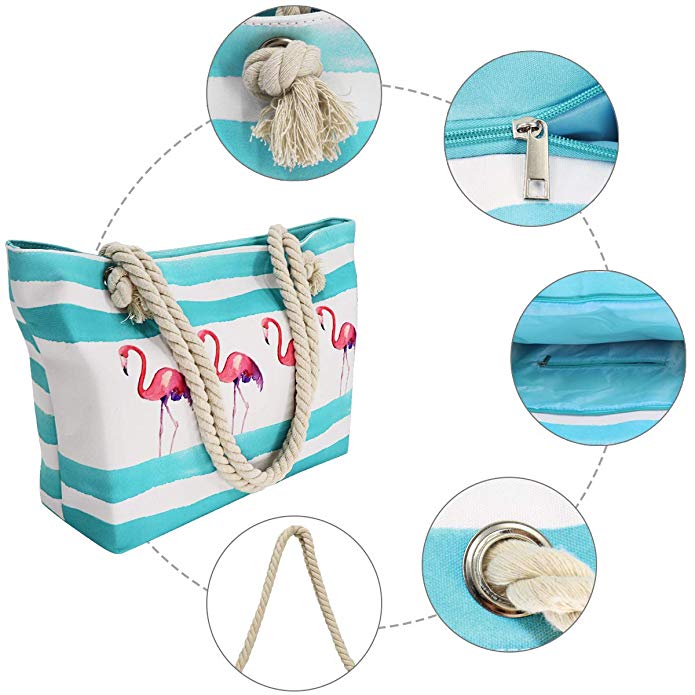 Summer Flamingo Big Zip Top Beach Tote Bulk Modern Hemp Rope Handle