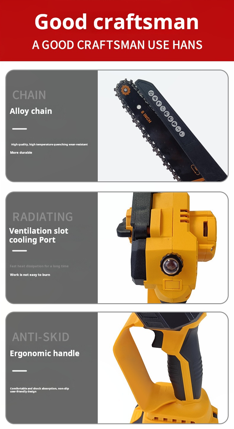 8 Inches 3.0 Mah Capacity Rechargeable Lithium Ion Chainsaw Portable Tree Pruning