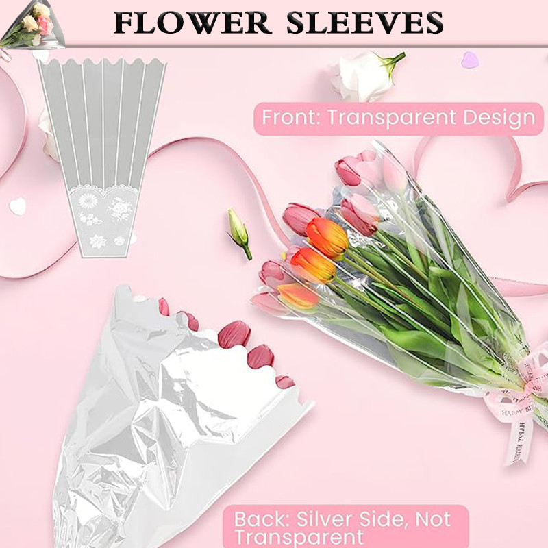 Disposable Cellophane Flower Bouquet Sleeves Plastic Wrapping Bags With Lace Decor