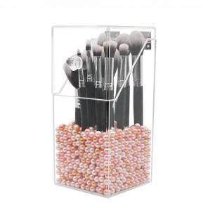 China Covered Makeup Brush Holder with Dustproof Lid, Pearls Beads, Large Capacity Acrylic Clear Organiser on sale