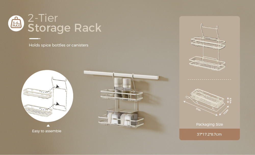 2 Tiers White Kitchen Storage Basket Wall-mounted Type For Durable And Convenient Organizer