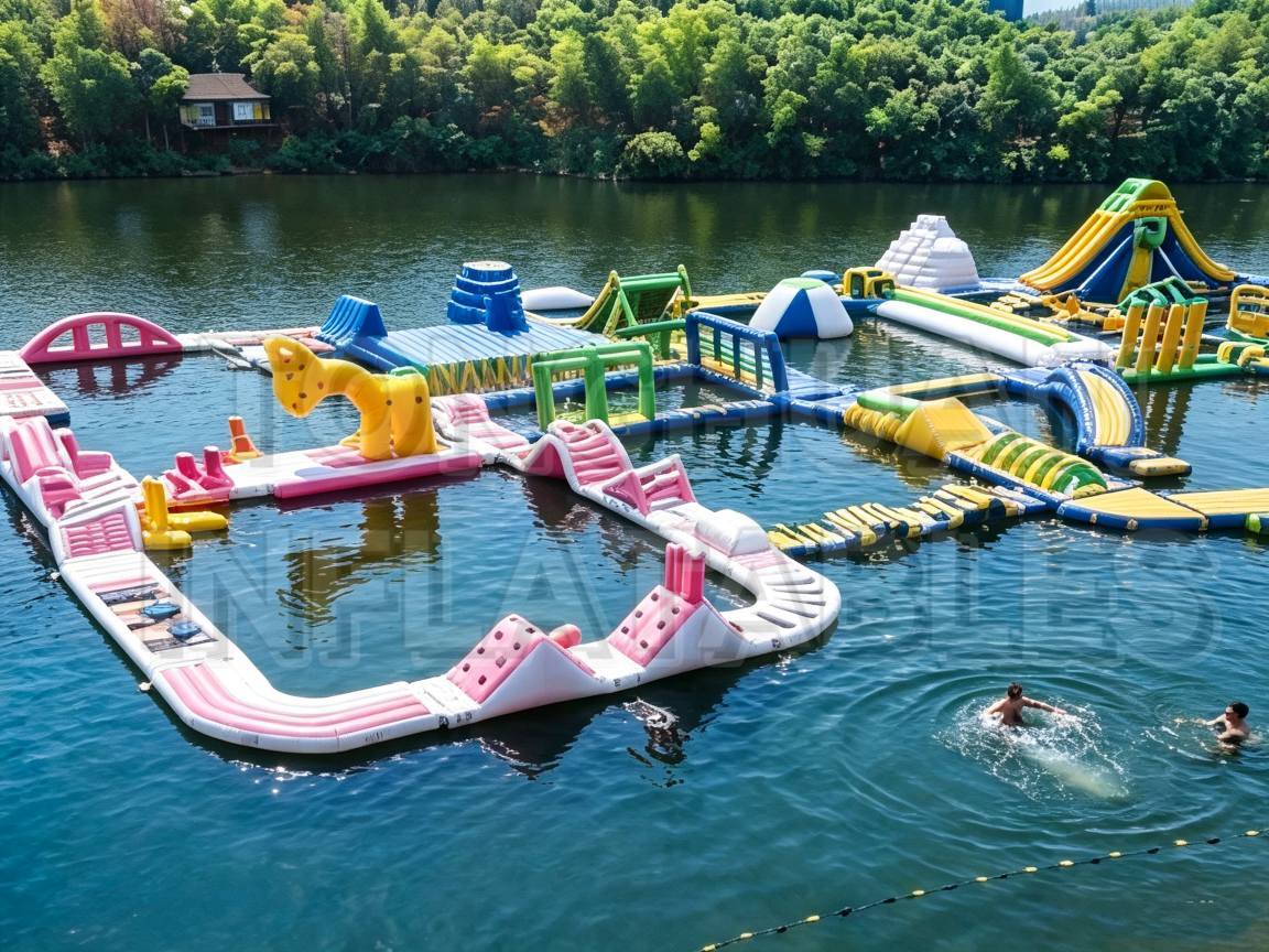 Custom Modular Inflatable Water Park with Colorful Slides Climbing Walls Balance Bridges and Floating Activity Zones for Lakes Resorts Camps and