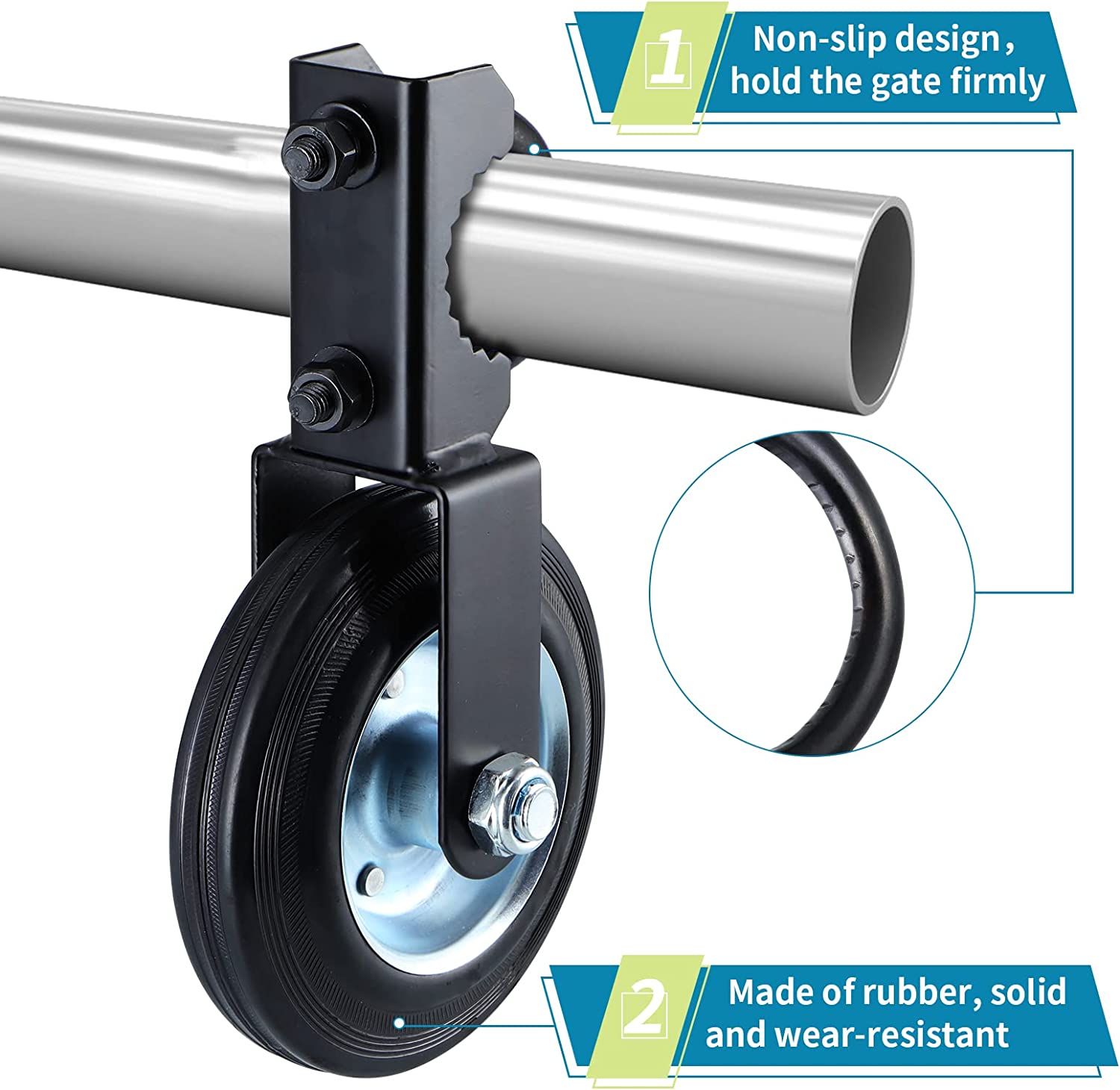 Stainless Steel wheels for Supporting Metal Swing Gates with 1-5/8" Thru 2" Gate Frames