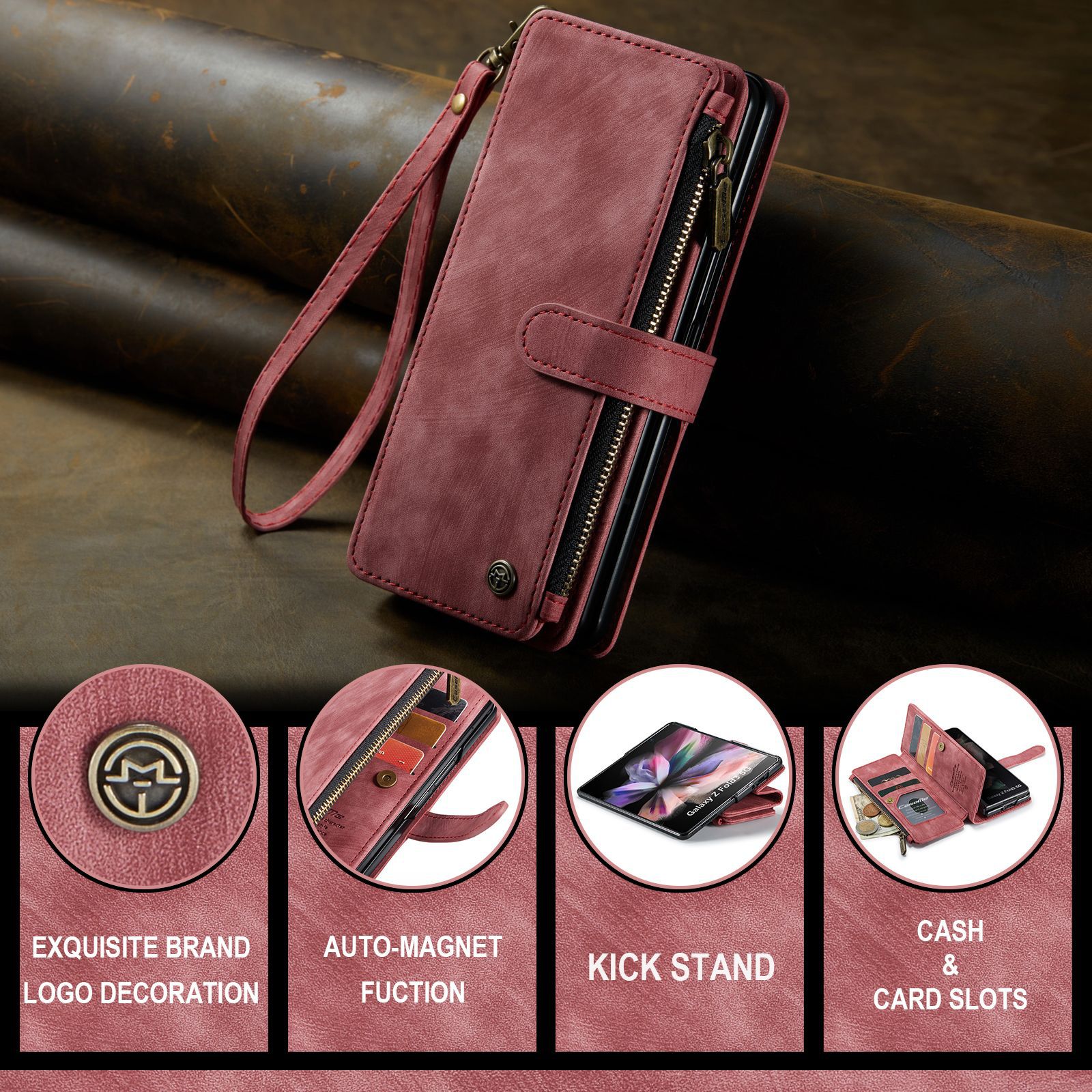 Vintage Card Wallet Phone Case For IPhone 14 Pro Max And Samsung Z Fold 5 In Red Leather