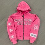 2025 Streetwear Vintage Stone Washed Oversized Boxy Cropped Embroidered Zip Up