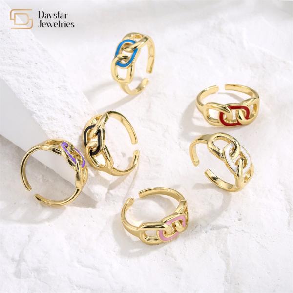 Women Men Jewelry Gold Plated Colorful Enamel Rings , Adjustable Cuban Link
