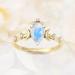 Natural Moonstone Gemstones 925 Silver Anniversary Jewelry Rings Genuine Pear