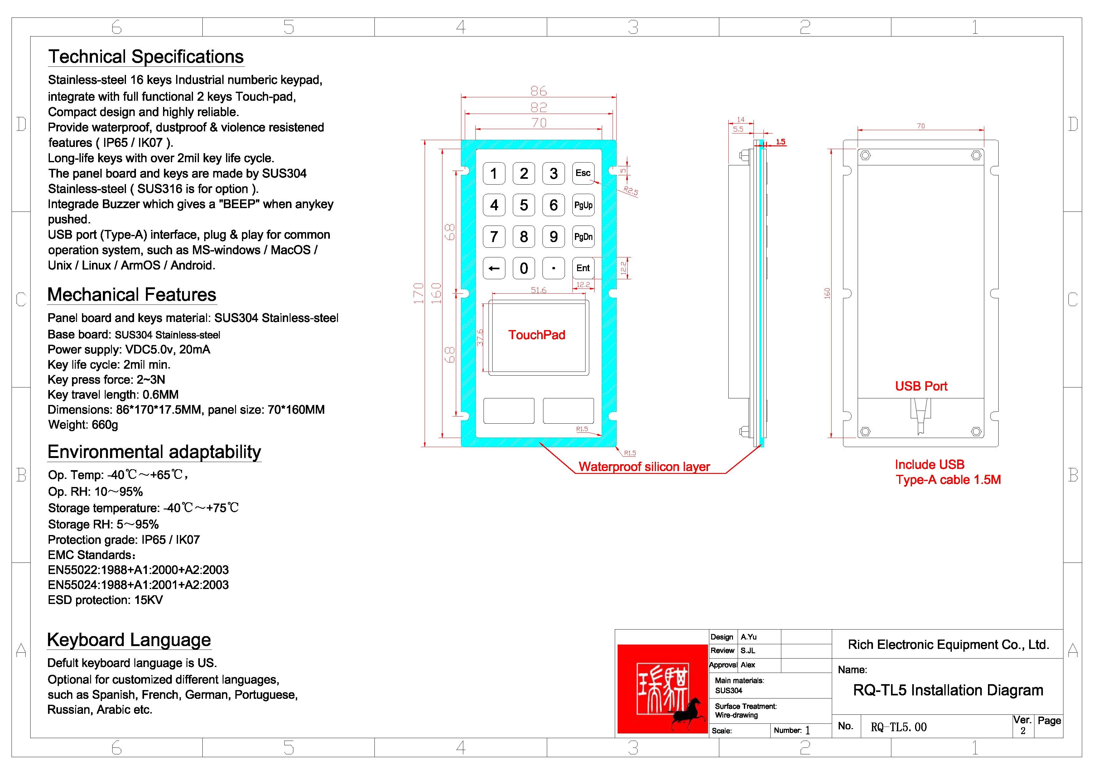 IP65/IK07 Waterproof/Dustproof Industrial Stainless steel Keypad integrate with TouchPad USB interface Rear Panel Mounted -40℃