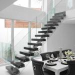 American Standard Stair Single Mono Steel Beam Steel Glass Railing Wood Step