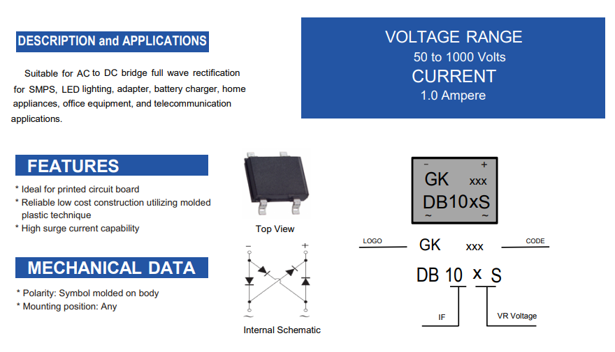 1A Surface Mount Bridge Rectifier DB101S-DB107S Series | AC-DC Power Conversion Component & PCBA Solution Support