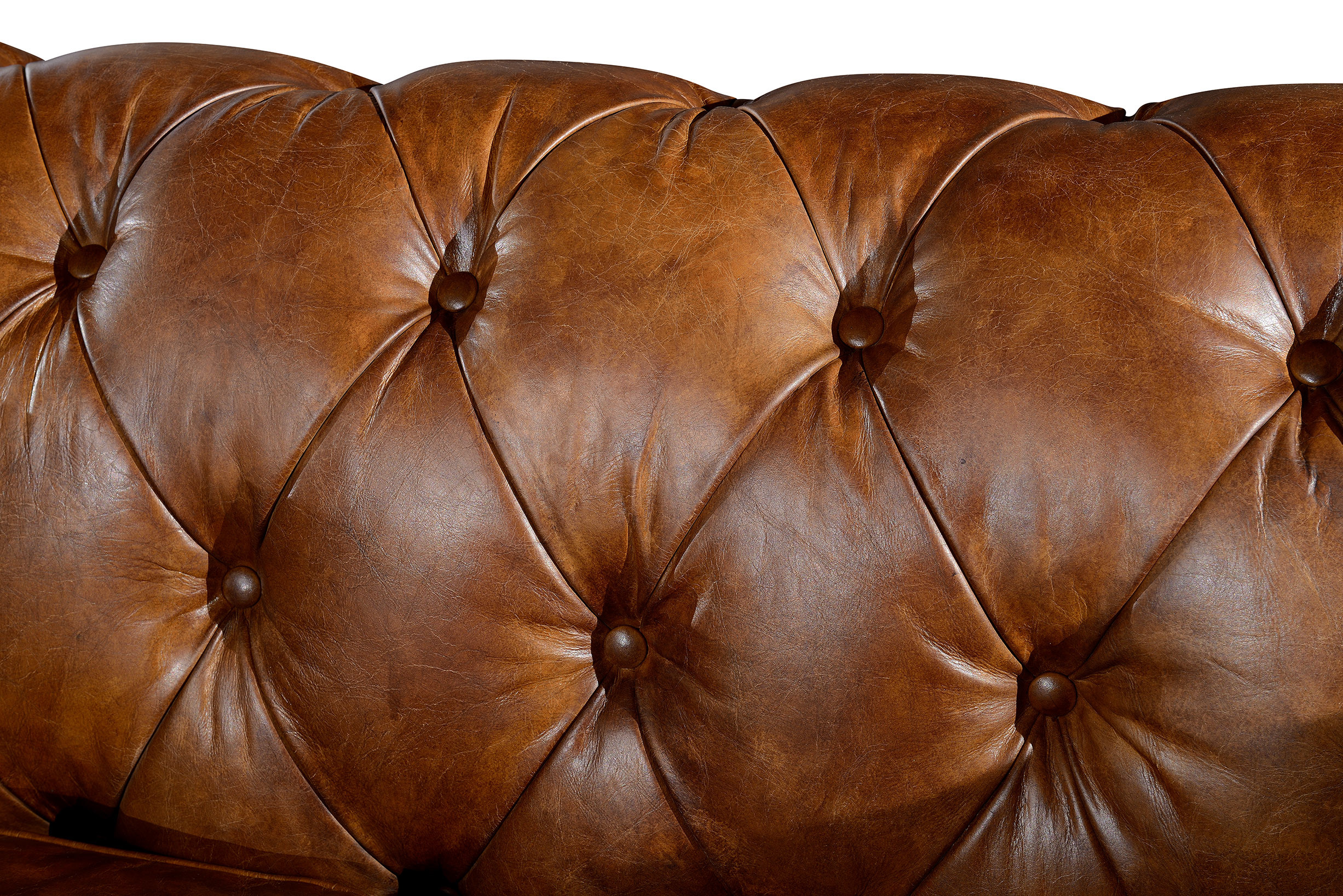 Retro Vintage Three Seater Leather Sofa With Brass Nails / Leather Buttons