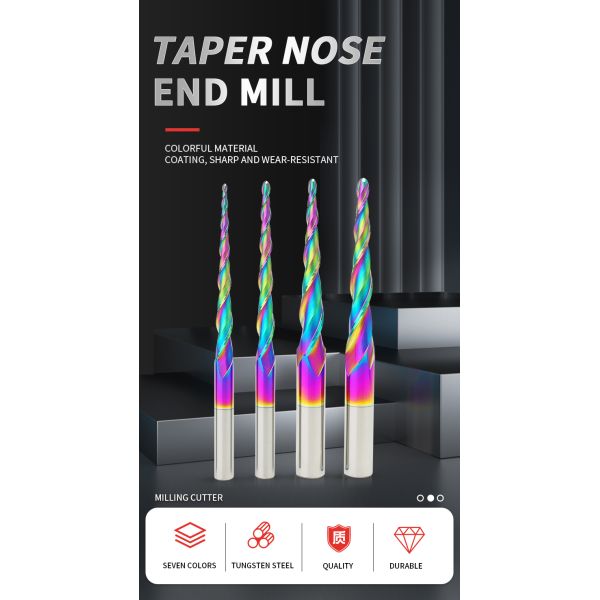 New Model Multicolor Coating 2 Flutes Taper Ball Nose DLC HRC55 Solid Carbide End Mills for Wood Carving Tooling Cutter Used