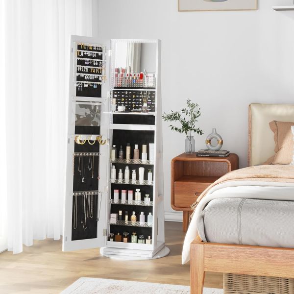 Lockable Jewelry Armoire Mirror with Rectangle Full Length Design, Velvet-Lined Drawers, and Vertical Hooks for Organized Storage