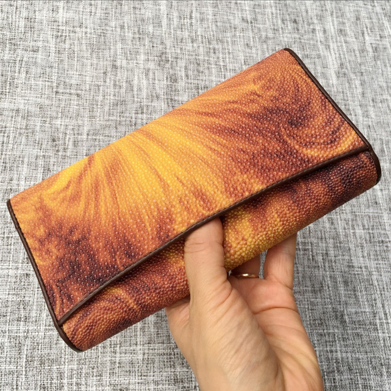 Thailand Authentic Stingray Skin Female Large Trifold Wallet Genuine Leather Lady Phone Clutch Purse Women's Card Purse