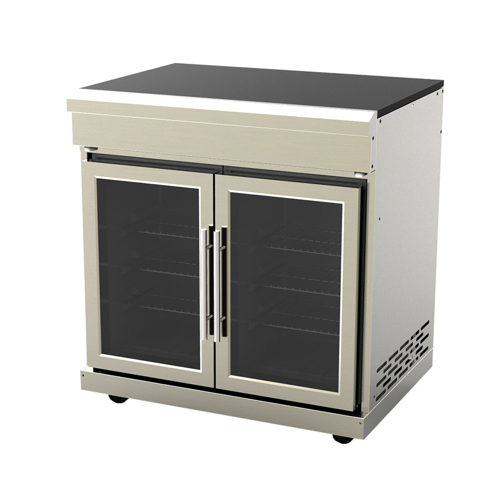 stainless steel kitchen cabinet with castor and shelves.