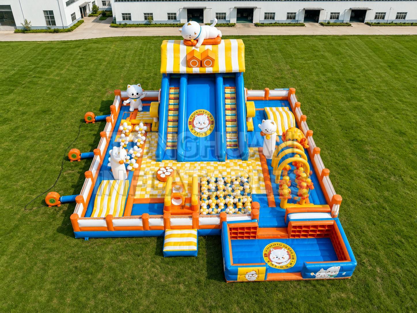 Custom Inflatable Amusement Park with Cat Theme Slide Ball Pit Challenge Course and Modular Play Zones for Commercial Projects