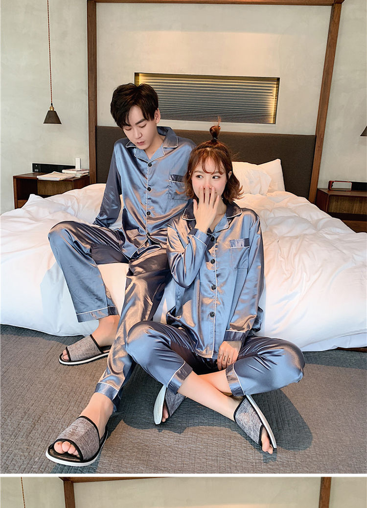 Women Men Sleepwear Valentines Long Sleeve Plain Silk Pajamas Plus Size