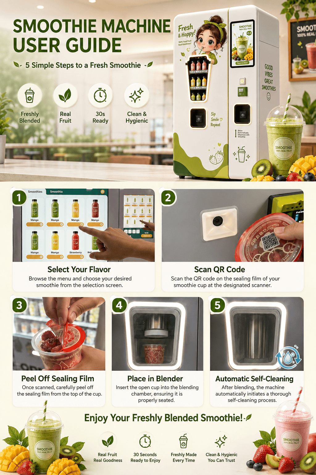 Small Fresh Smoothie Vending Machine with Automatic Blender, Smart Payment System, 21.5-Inch Touchscreen, Self-Cleaning Function for Healthy Beverage