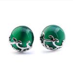 Sterling Silver Green Agate Stud Earrings Vintage Thai Silver Jewelry
