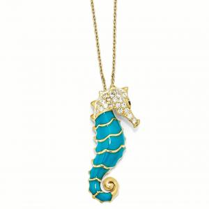 China 925 Sterling Silver Gold Plated Enameled Cubic Zirconia Cz Seahorse 18 Inch Chain Necklace Pendant Charm Sea Life on sale