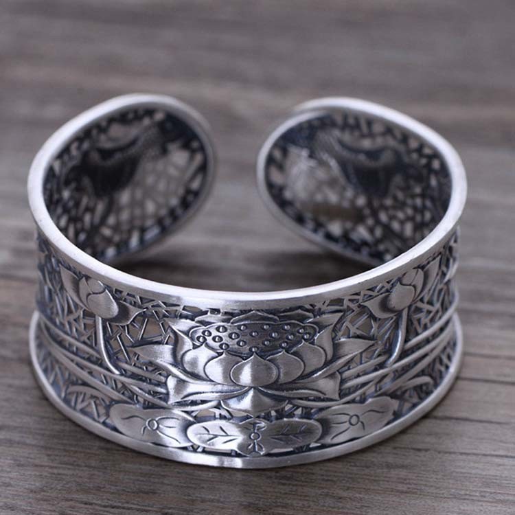 Vintage Handmade Engraved Designs Flower Sterling Silver Cuff Bracelet(058233)