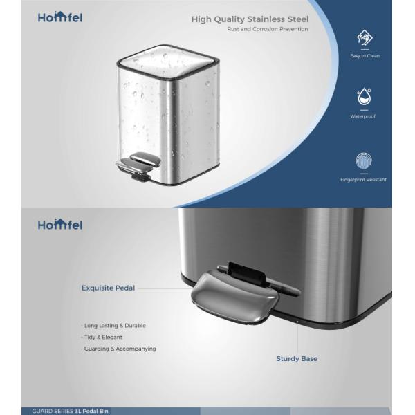 Rectangular Stainless Steel Soft Close Defender Series Waste Bin Trash Can 3/5L Capacity Pedal Operated Anti-Slip Base