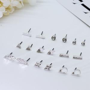 China Alloy Silver Ear Stud Angel Wing Geometry Clear Crystals 9 Pairs Per Set wholesale