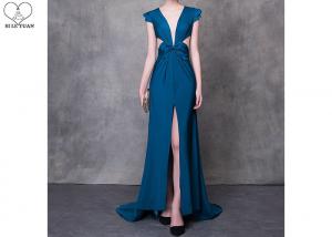 China Cyan V Neck A Line Cocktail Dress High Slit Back Hollow Sexy Style With Bowknot wholesale