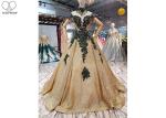 Sparkly Gold Off The Shoulder Prom Dress Green Lace Short Sleeve Sweep Train