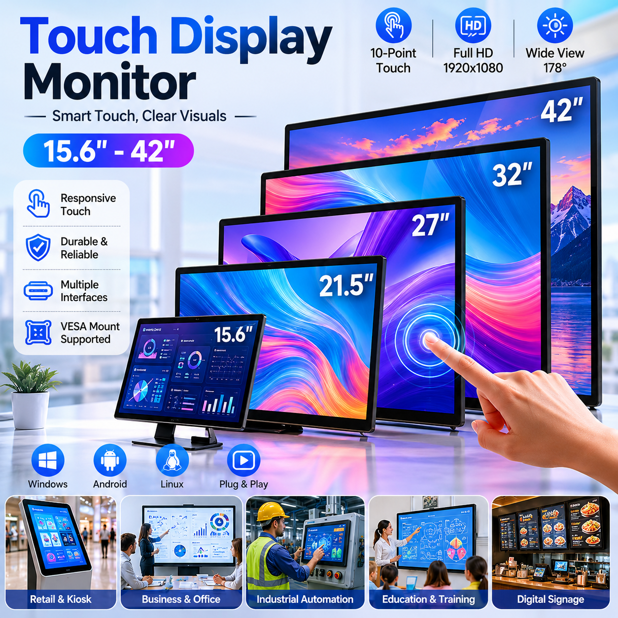 19 Inch Industrial Touch Screen Capacitive/Resistance Embedded/VESA/Open Frame Monitor LCD/LED Display industrial monitor