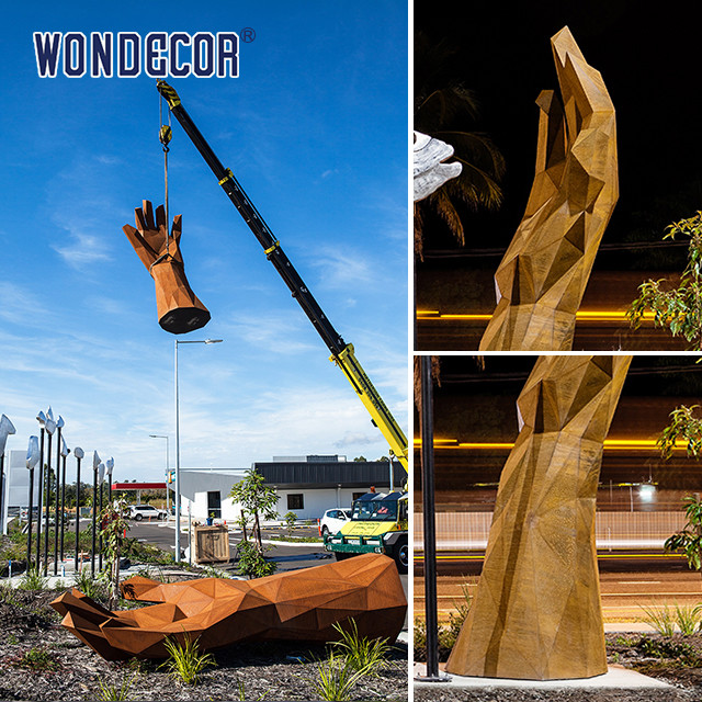 Modern large-scale outdoor abstract geometric hand measurement weather resistant steel sculpture