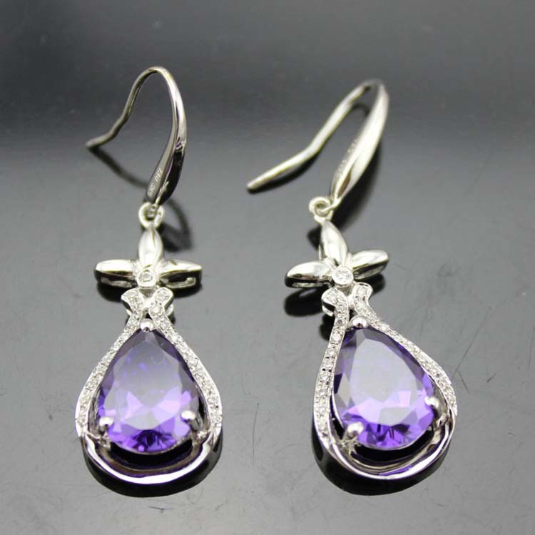 925 Sterling Silver Pear Shape Created Amethyst Cubic Zircon Drop Dangle Earrings (PSJ04502)