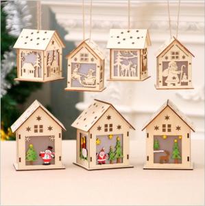China Wooden Christmas house hanging decoration with LED light wholesale