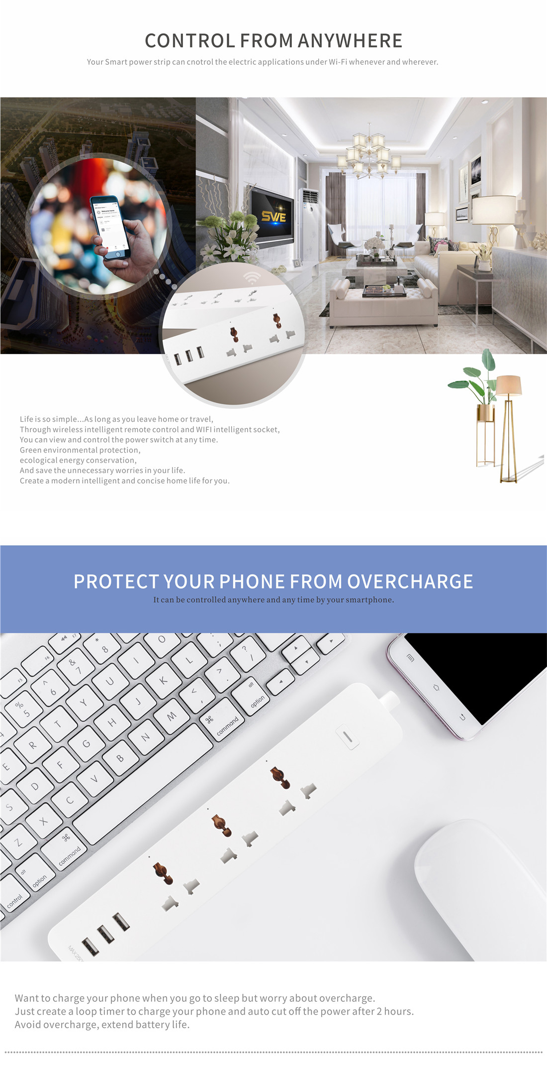 3 Way + USB Multi-function 10A WiFi Smart Power Strip Power Metering Function