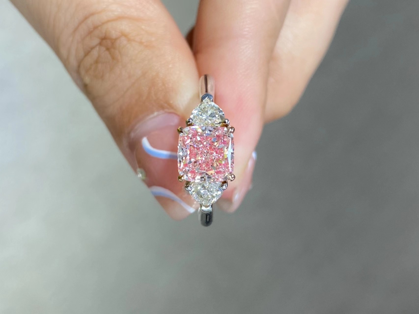 1.76CT Synthetic Cherry Pink CVD Diamond Rings Cushion Cut Set In 18k White Gold