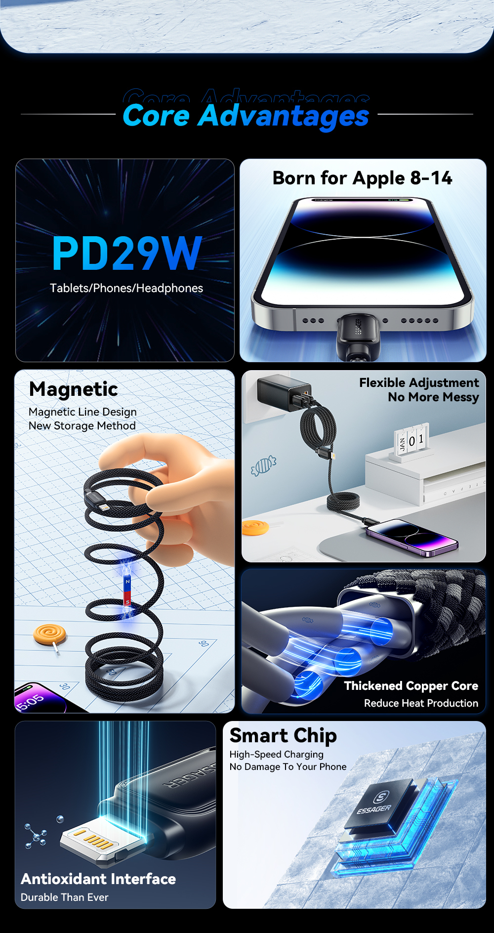 ESSAGER ES-X56 1M PD 29W 3A Fast Charging Type C To L Magnetic Data Cables For Iphone