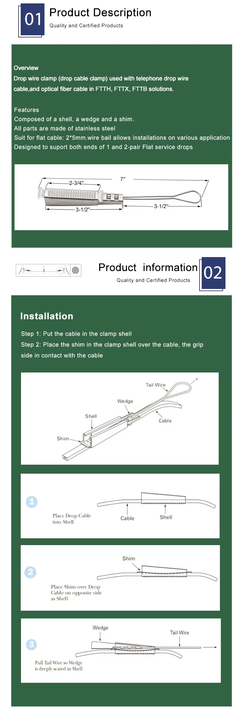 Anchor clamp ODWAC-22 Ø2–5 mm Flat for FTTH