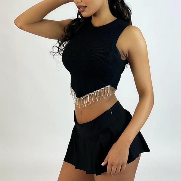 Women Casual Dress Sexy Crop Sleeveless Top With Metal Chain Fringe Vest Midi