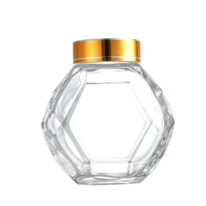 China 200ML 380ML Glass Hexagon Honey Bottle With Golden Silver Red Black Metal Lid wholesale