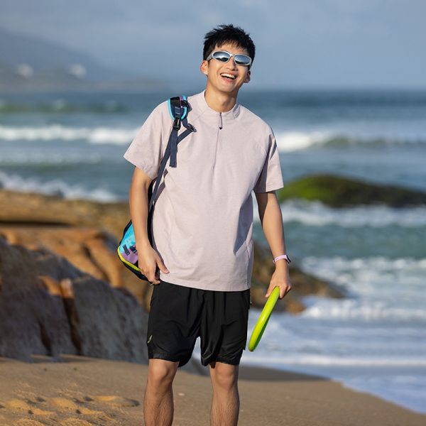 Summer Outdoor Moisture Wicking Quick Dry Sun Protection Versatile Hiking Trekking Stand Collar Couple Short Sleeve T-Shirt