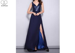 China Sequins Navy Blue A Line Dress V Neck Sleeveless With High Slit Chiffon Fabric wholesale