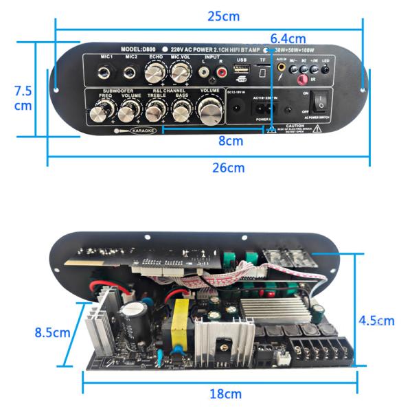 D800 Professional 2.0 Channel Bluetooth Digital Amplifier Board 12V Rechargeable High Power for DJ/Karaoke