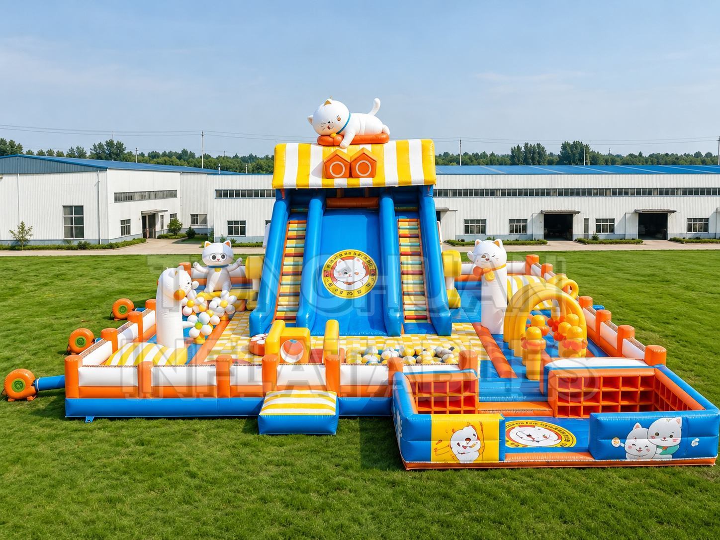 Custom Inflatable Amusement Park with Cat Theme Slide Ball Pit Challenge Course and Modular Play Zones for Commercial Projects
